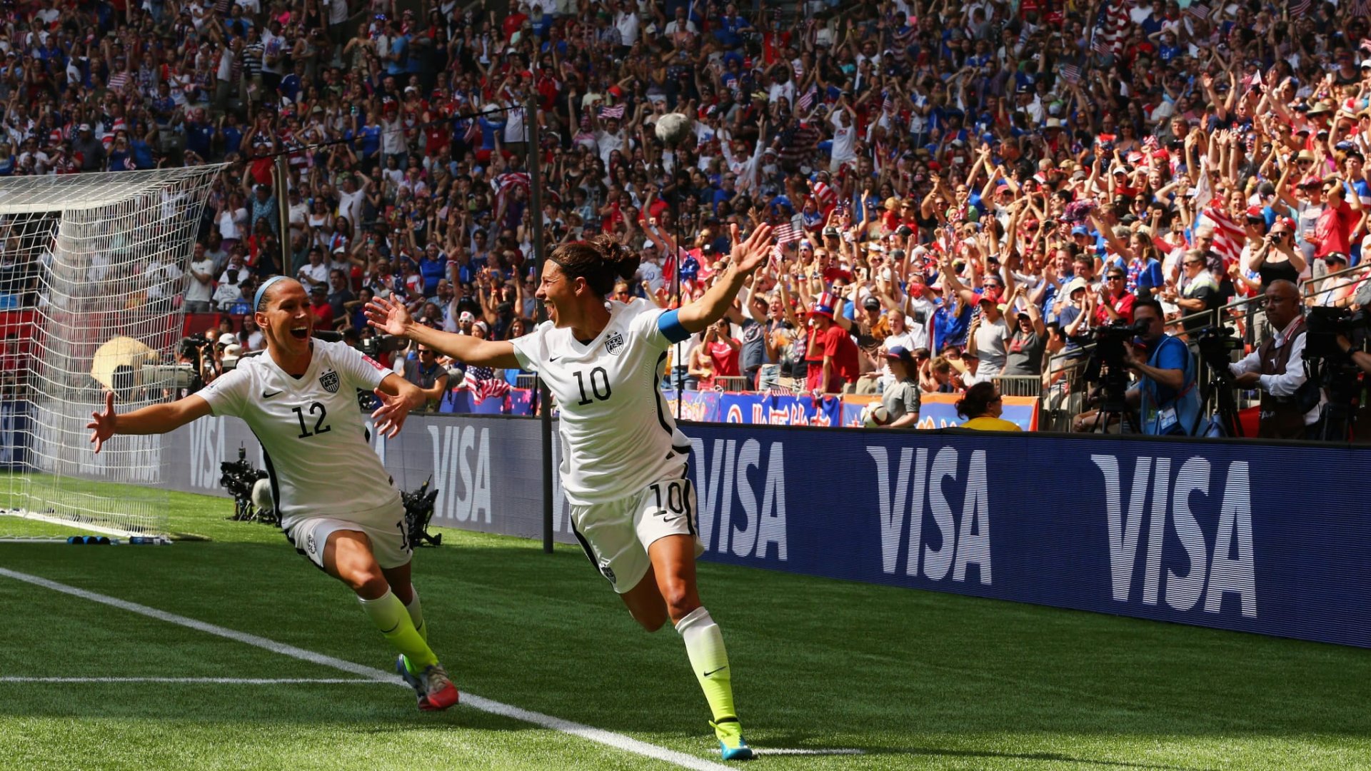Carli Lloyd celebrating scoring a hat trick for USA against Japan in the 2015 Women's World Cup