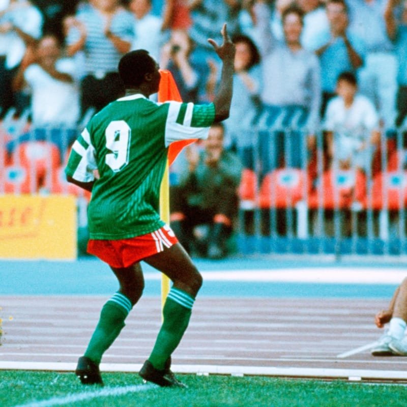 Roger Milla dancing to celebrate scoring a goal for Cameroon in 1990 World Cup