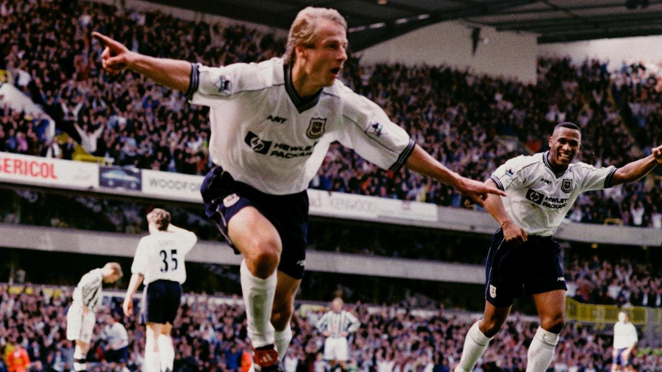 Jurgen Klinsmann celebrates scoring for Tottenham Hotspur
