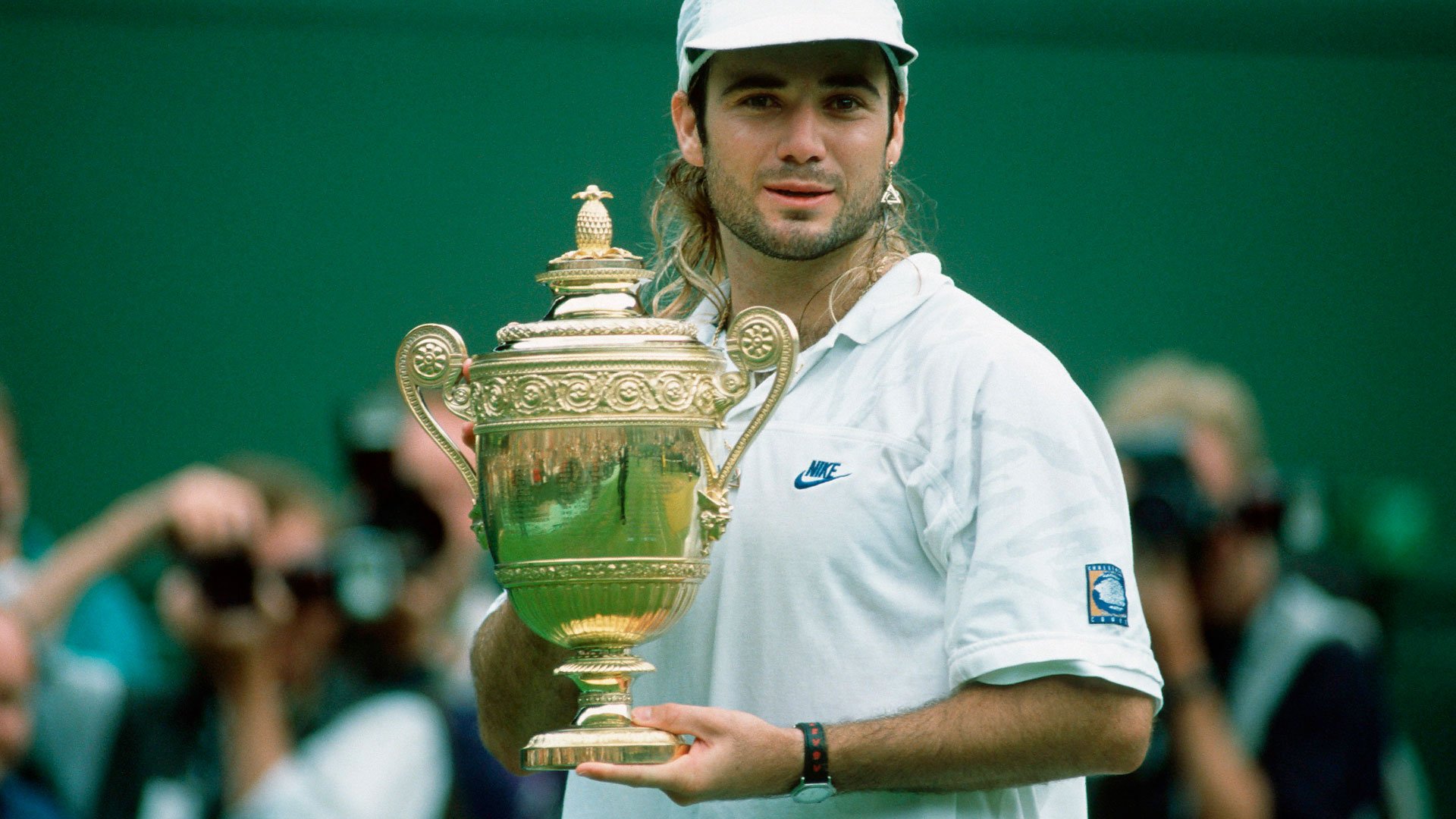 Andre Agassi with 1992 Wimbledon Trophy