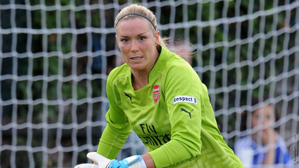 Emma Byrne plays goalkeeper for Arsenal