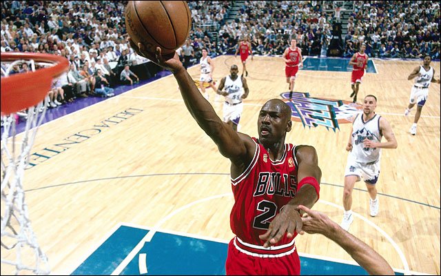 Michael Jordan scoring for the Bulls in the 1998 NBA Finals