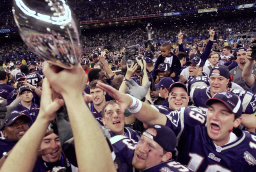 New England Patriots celebrate winning the 2002 Super Bowl