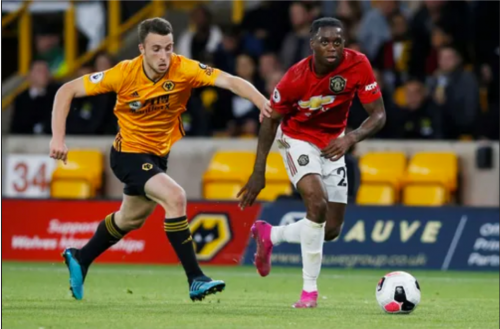 Wolverhampton Wanderers' Diogo Jota gives chase as Manchester United's Aaron Wan-Bissaka powers forward