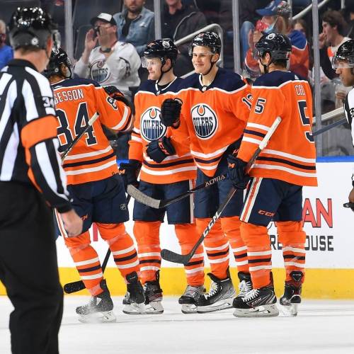 Edmonton Oilers celebrate after a win