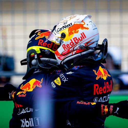 Red Bull Racing's Max Verstappen and Sergio Perez celebrating