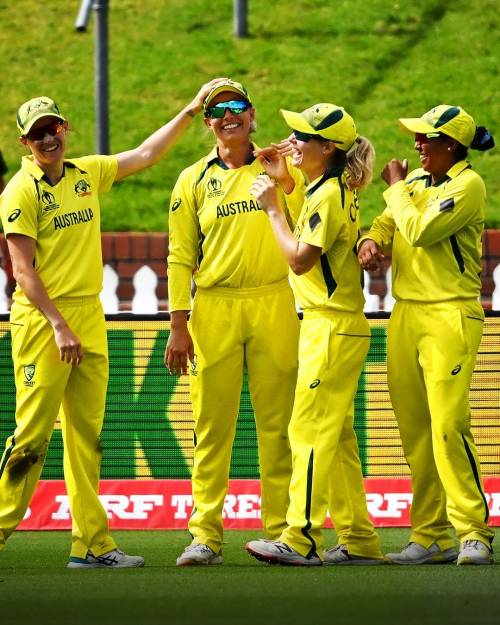 Players from the Australian Women's Cricket Team celebrate during the Women's Cricket World Cup