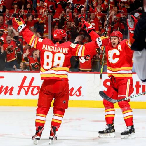 The Calgary Flames' Andrew Mangiapane and Mikael Backlund celebrate