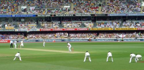 England playing Australia at the Brisbane Cricket Ground