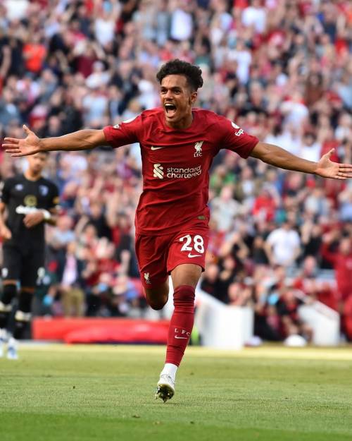 Fabio Carvalho celebrates after scoring for Liverpool FC