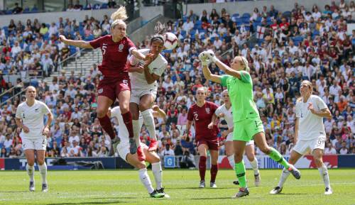 Two players from an England Women v New Zealand Women game going for a header.