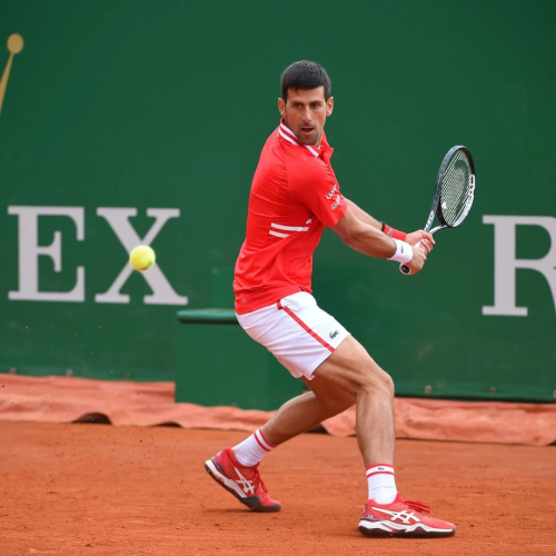 Novak Djokovic hitting a ball.