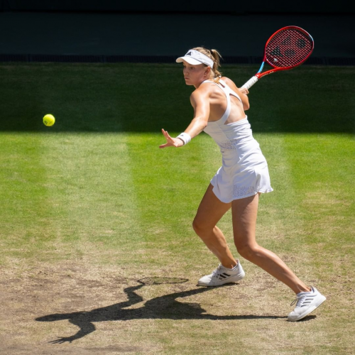 Elena Rybakina hitting a ball.