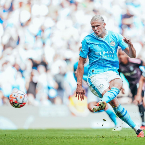 Erling Haaland taking a penalty.