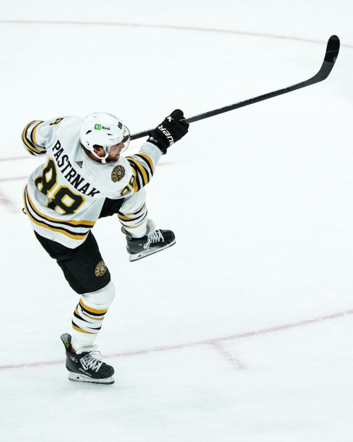 David Pastrňák hitting a puck.